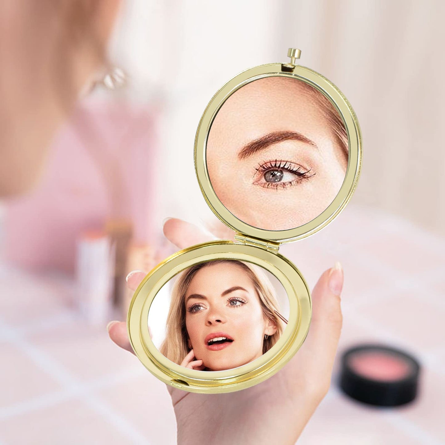 Portable Round Handheld Mirror – Compact Folding Makeup Travel Pocket Mirror with Double Sided Magnification, Gold