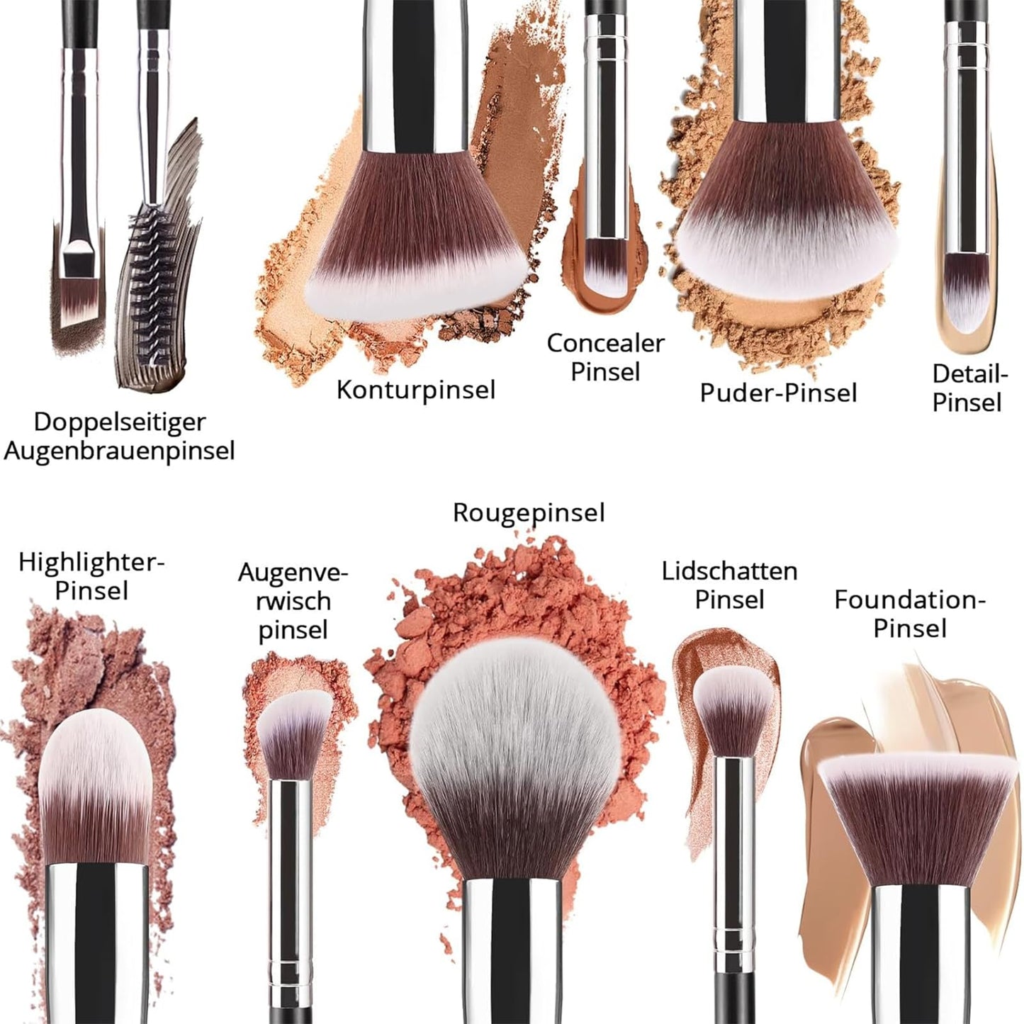 Professional Makeup Brush Set – 10 Brushes + 2 Sponges for Foundation, Powder, Eyeshadow, Blush, Silver Handles