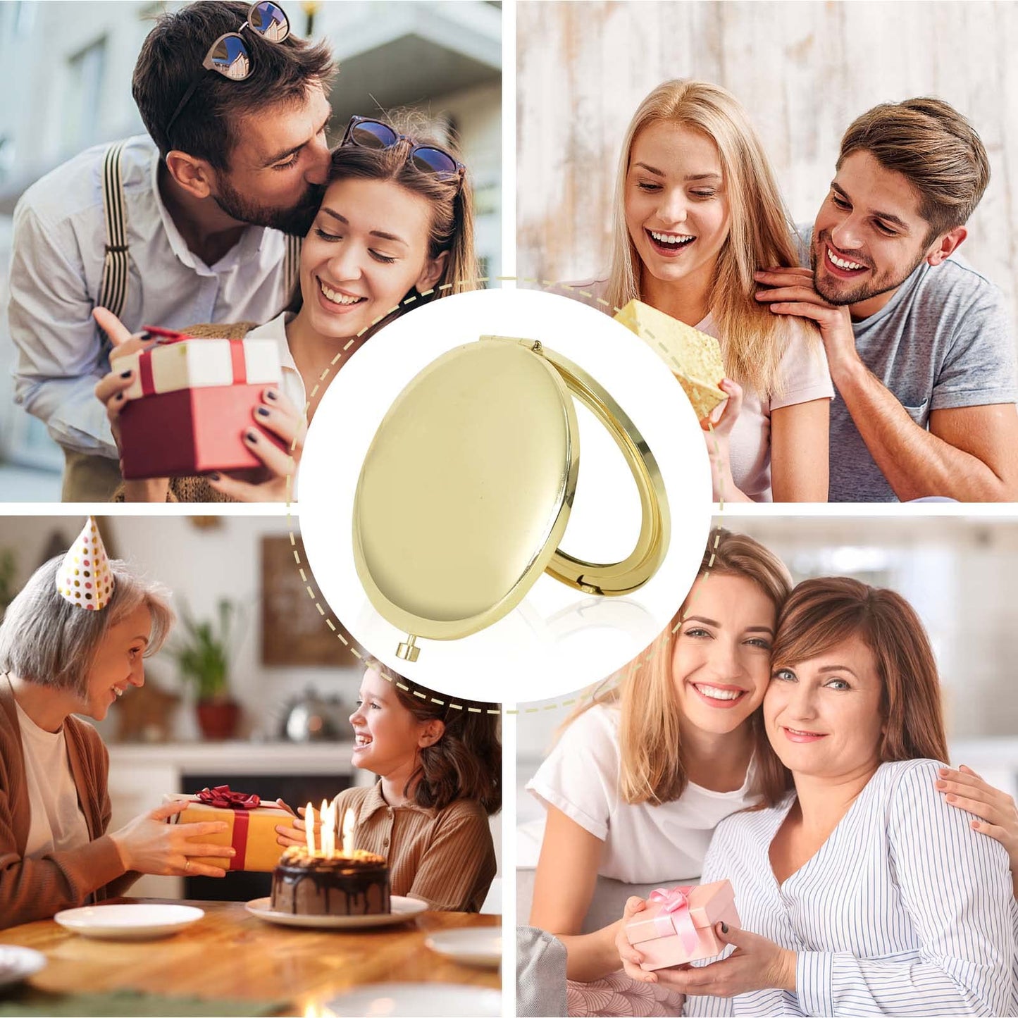 Portable Round Handheld Mirror – Compact Folding Makeup Travel Pocket Mirror with Double Sided Magnification, Gold