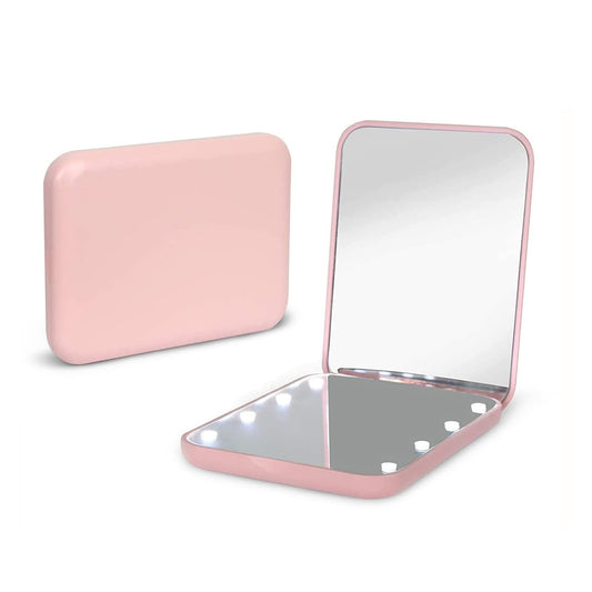 LED Compact Travel Mirror – Folding Pocket Makeup Mirror with 1x/3x Magnification and Built-In Lighting, Pink
