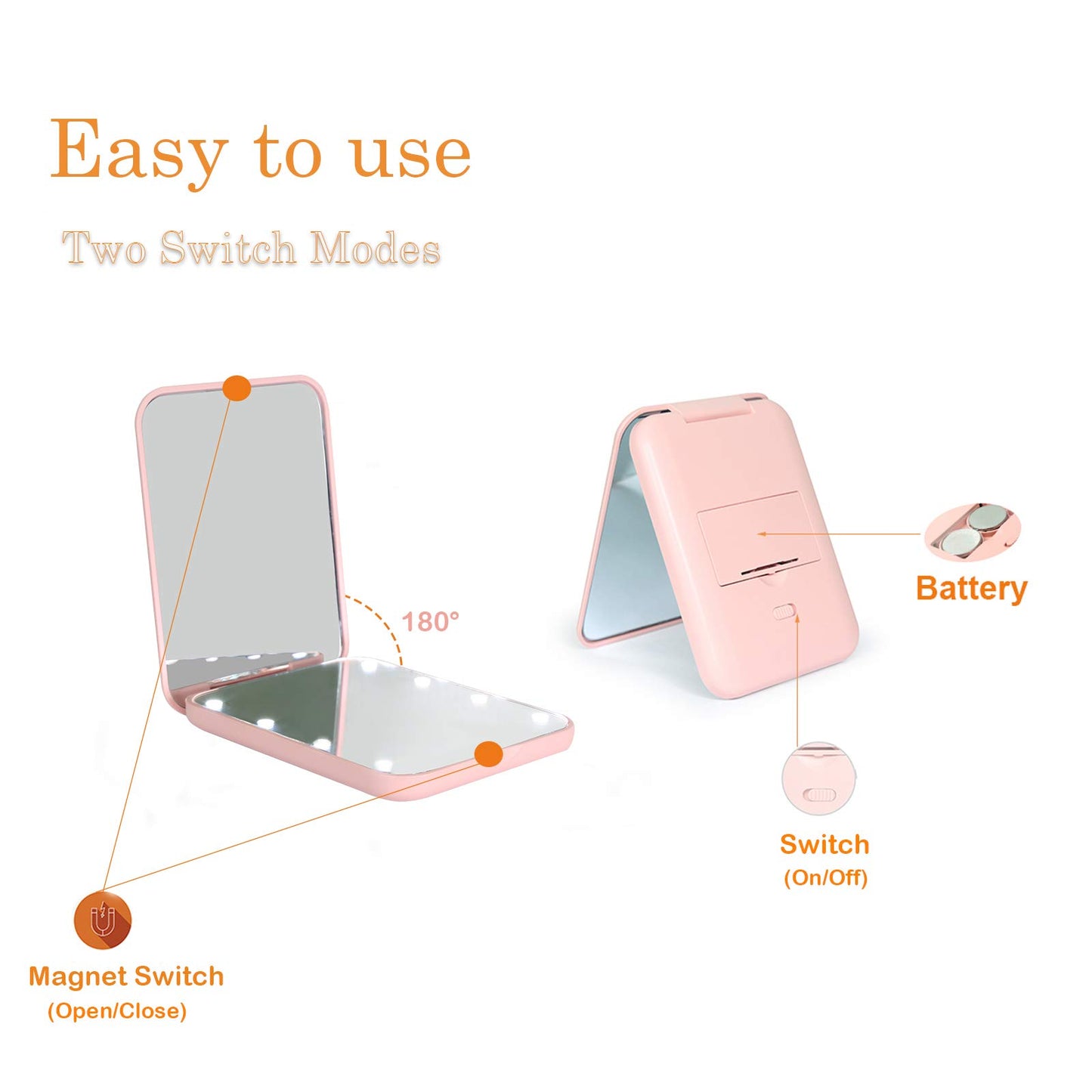 LED Compact Travel Mirror – Folding Pocket Makeup Mirror with 1x/3x Magnification and Built-In Lighting, Pink