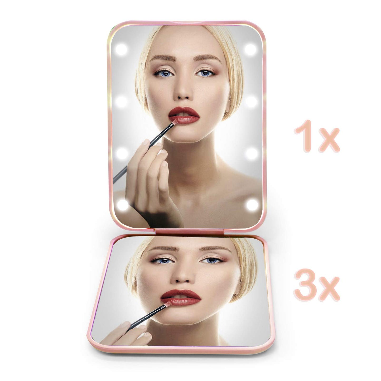 LED Compact Travel Mirror – Folding Pocket Makeup Mirror with 1x/3x Magnification and Built-In Lighting, Pink