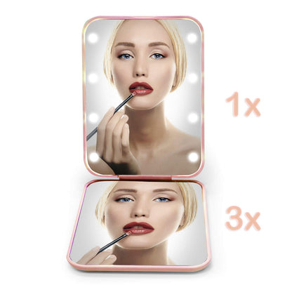 LED Compact Travel Mirror – Folding Pocket Makeup Mirror with 1x/3x Magnification and Built-In Lighting, Pink
