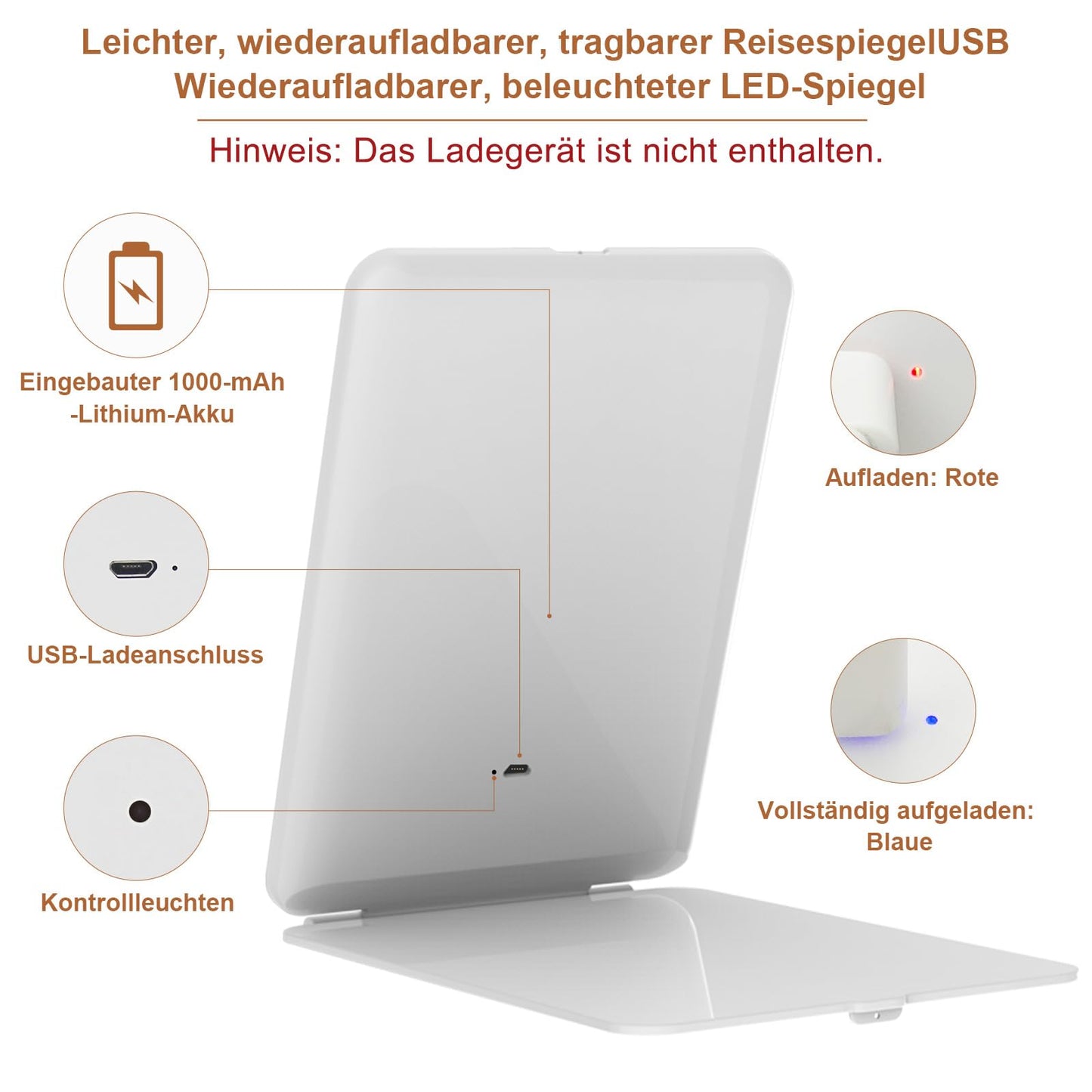 FASCINATE Kosmetikspiegel mit Beleuchtung, Wiederaufladbarer Tragbarer Reisespiegel mit 3 Lichtfarben, Vergrößerungsspiegel mit Licht Helligkeit einstellbar, Ideal für Reisen, LED Schminkspiegel