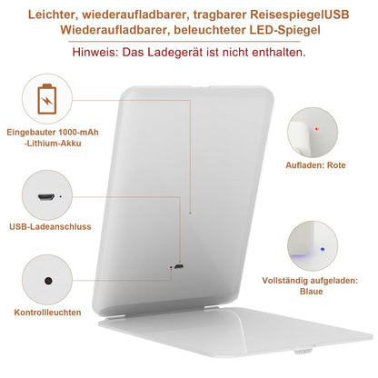 FASCINATE Kosmetikspiegel mit Beleuchtung, Wiederaufladbarer Tragbarer Reisespiegel mit 3 Lichtfarben, Vergrößerungsspiegel mit Licht Helligkeit einstellbar, Ideal für Reisen, LED Schminkspiegel