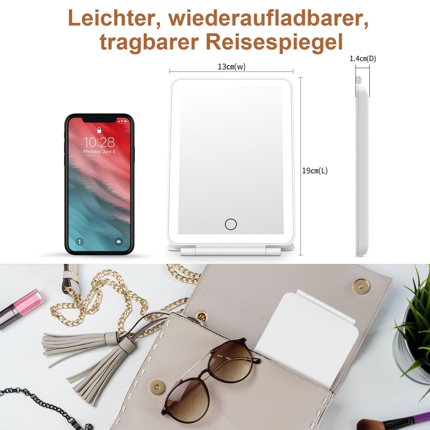 FASCINATE Kosmetikspiegel mit Beleuchtung, Wiederaufladbarer Tragbarer Reisespiegel mit 3 Lichtfarben, Vergrößerungsspiegel mit Licht Helligkeit einstellbar, Ideal für Reisen, LED Schminkspiegel