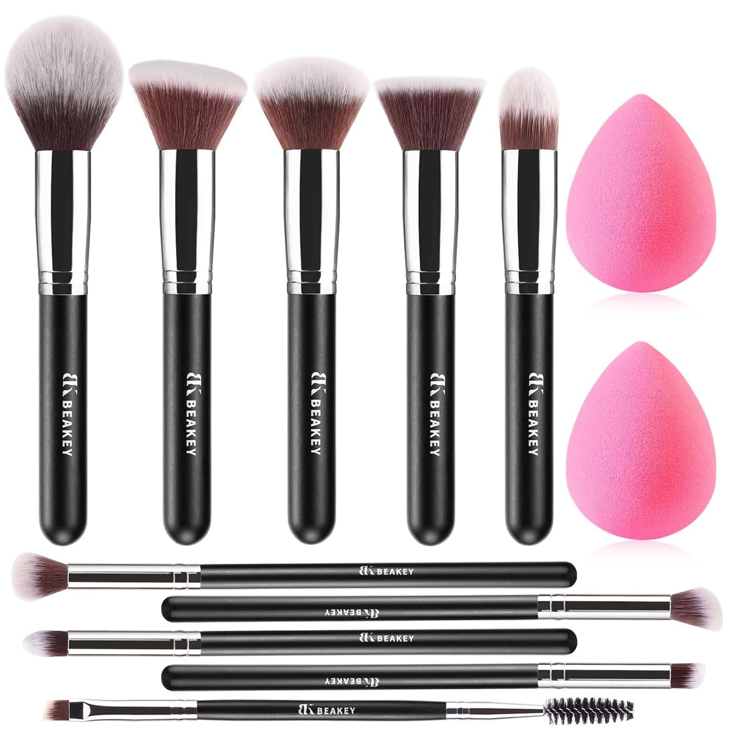 Professional Makeup Brush Set – 10 Brushes + 2 Sponges for Foundation, Powder, Eyeshadow, Blush, Silver Handles