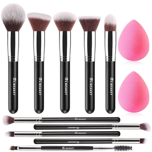 Professional Makeup Brush Set – 10 Brushes + 2 Sponges for Foundation, Powder, Eyeshadow, Blush, Silver Handles