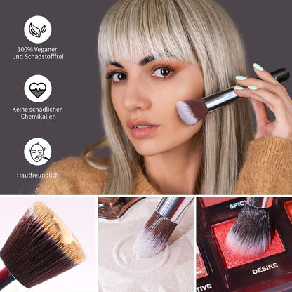 Professional Makeup Brush Set – 10 Brushes + 2 Sponges for Foundation, Powder, Eyeshadow, Blush, Silver Handles