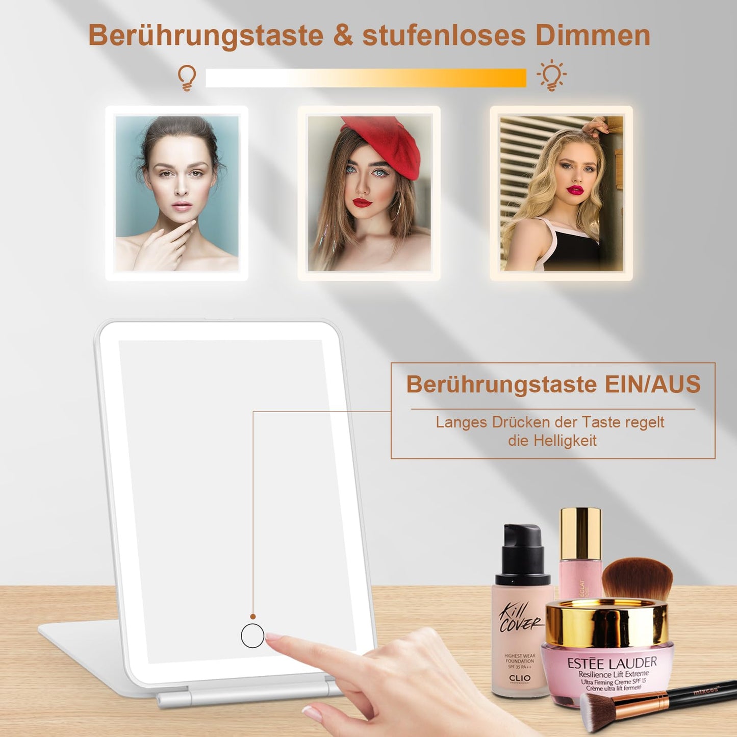 FASCINATE Kosmetikspiegel mit Beleuchtung, Wiederaufladbarer Tragbarer Reisespiegel mit 3 Lichtfarben, Vergrößerungsspiegel mit Licht Helligkeit einstellbar, Ideal für Reisen, LED Schminkspiegel