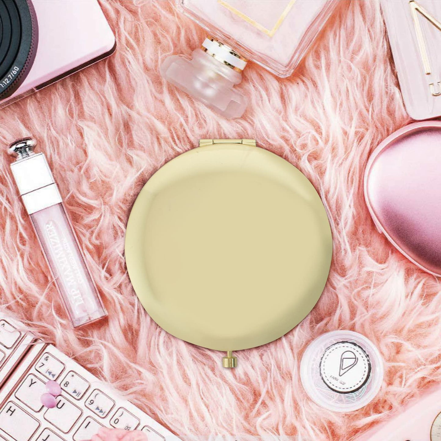 Portable Round Handheld Mirror – Compact Folding Makeup Travel Pocket Mirror with Double Sided Magnification, Gold