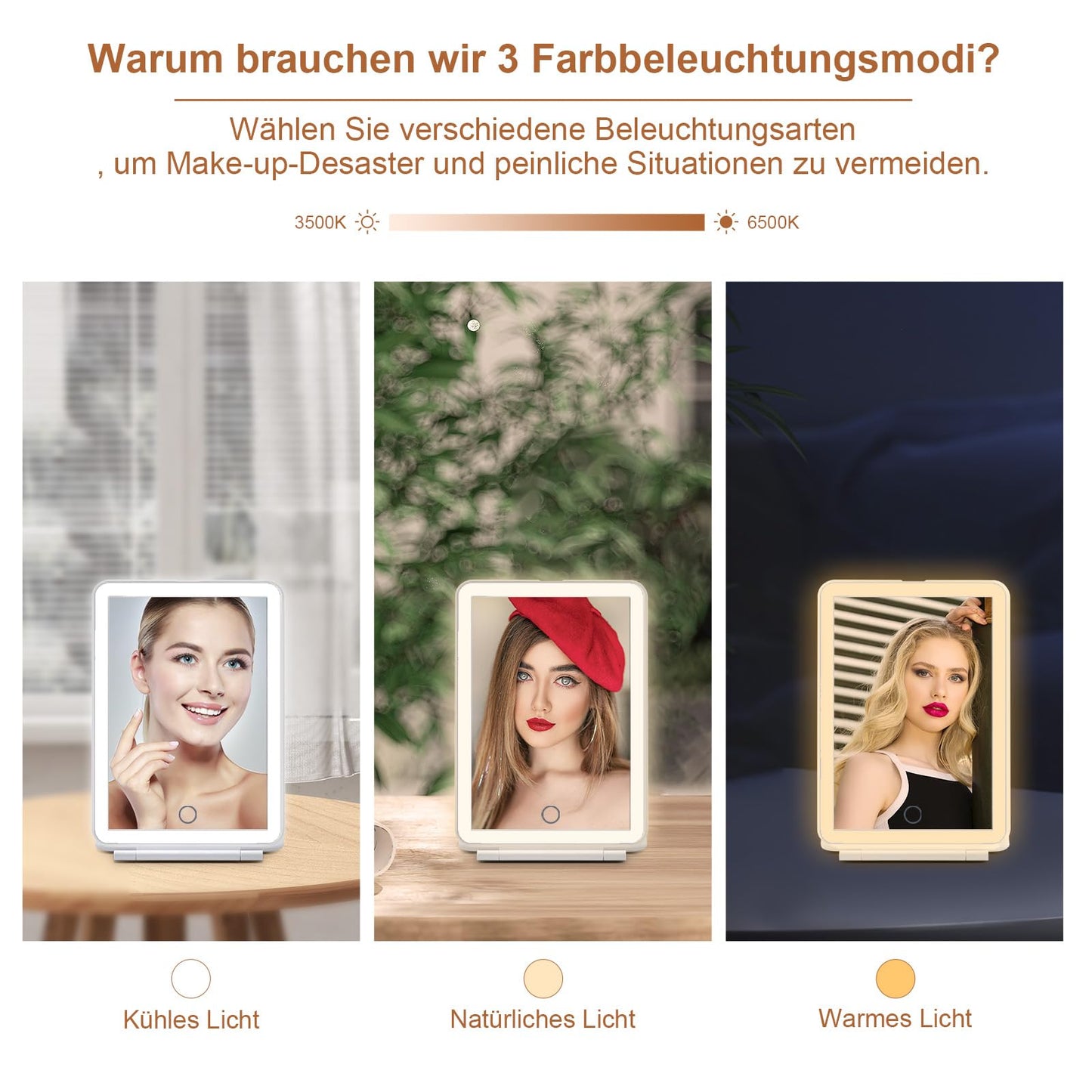 FASCINATE Kosmetikspiegel mit Beleuchtung, Wiederaufladbarer Tragbarer Reisespiegel mit 3 Lichtfarben, Vergrößerungsspiegel mit Licht Helligkeit einstellbar, Ideal für Reisen, LED Schminkspiegel