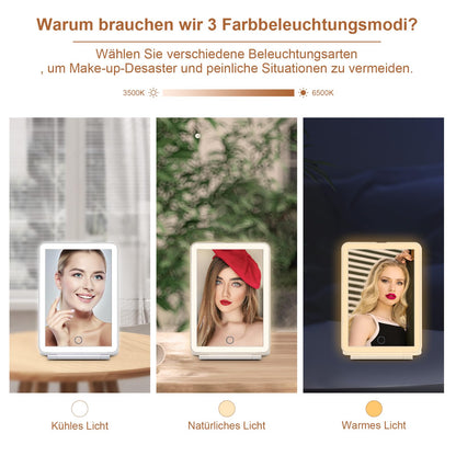 FASCINATE Kosmetikspiegel mit Beleuchtung, Wiederaufladbarer Tragbarer Reisespiegel mit 3 Lichtfarben, Vergrößerungsspiegel mit Licht Helligkeit einstellbar, Ideal für Reisen, LED Schminkspiegel