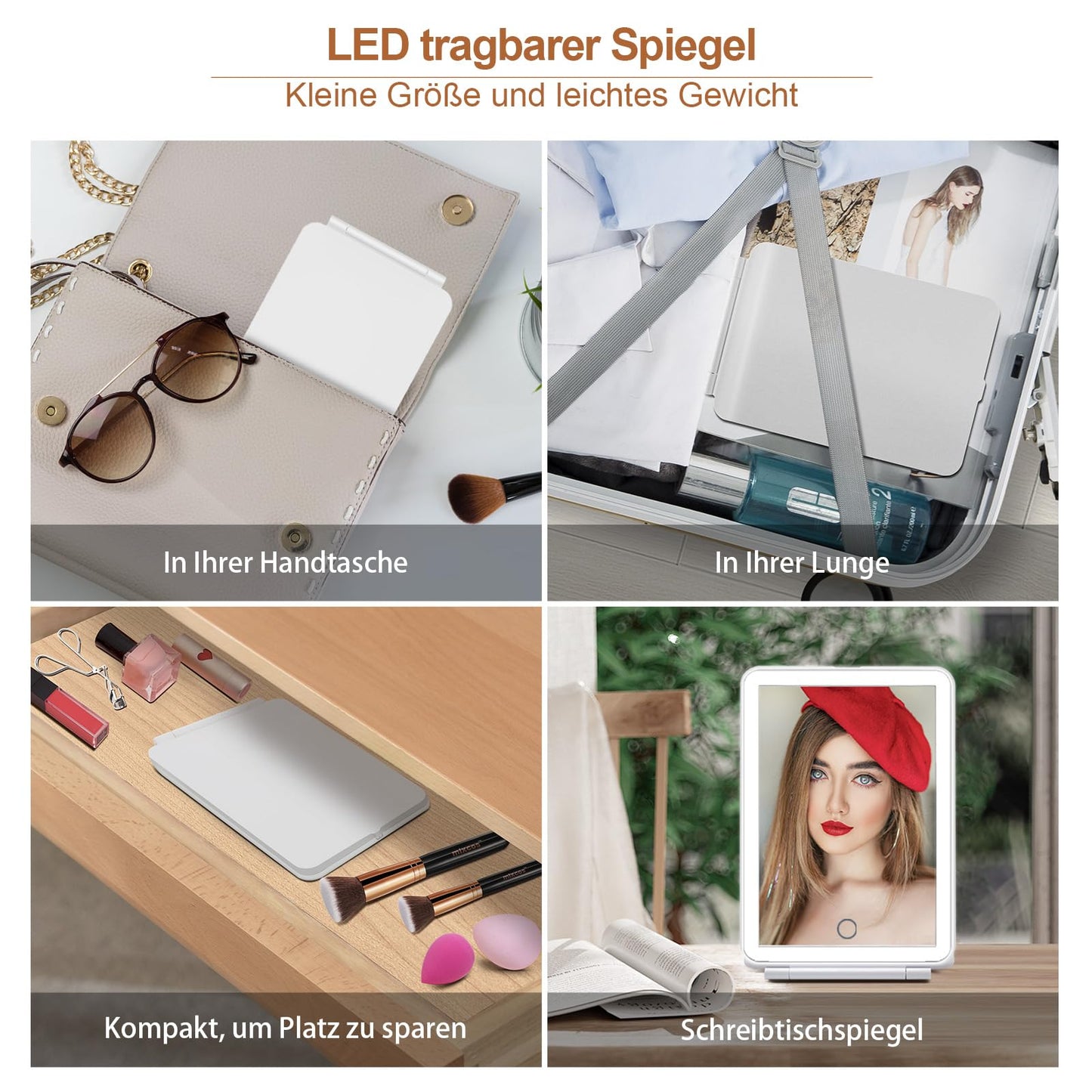 FASCINATE Kosmetikspiegel mit Beleuchtung, Wiederaufladbarer Tragbarer Reisespiegel mit 3 Lichtfarben, Vergrößerungsspiegel mit Licht Helligkeit einstellbar, Ideal für Reisen, LED Schminkspiegel