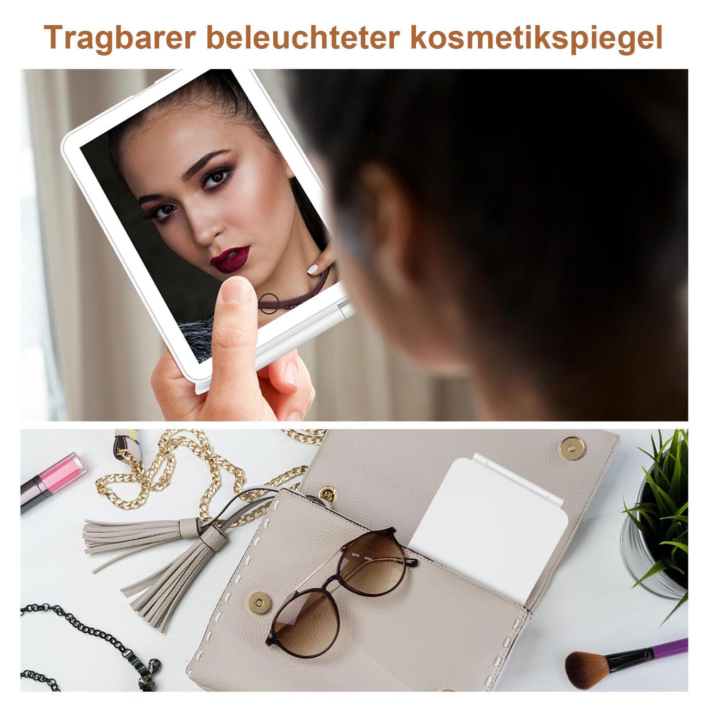FASCINATE Kosmetikspiegel mit Beleuchtung, Wiederaufladbarer Tragbarer Reisespiegel mit 3 Lichtfarben, Vergrößerungsspiegel mit Licht Helligkeit einstellbar, Ideal für Reisen, LED Schminkspiegel