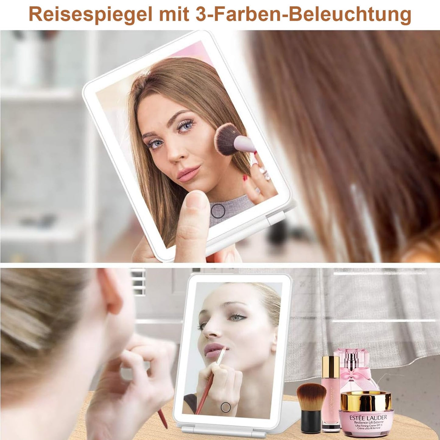 FASCINATE Kosmetikspiegel mit Beleuchtung, Wiederaufladbarer Tragbarer Reisespiegel mit 3 Lichtfarben, Vergrößerungsspiegel mit Licht Helligkeit einstellbar, Ideal für Reisen, LED Schminkspiegel