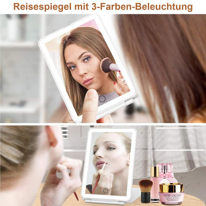 FASCINATE Kosmetikspiegel mit Beleuchtung, Wiederaufladbarer Tragbarer Reisespiegel mit 3 Lichtfarben, Vergrößerungsspiegel mit Licht Helligkeit einstellbar, Ideal für Reisen, LED Schminkspiegel